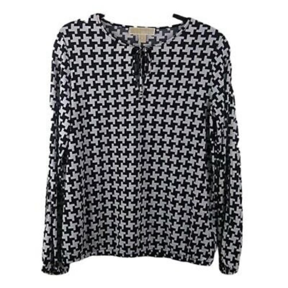 Michael Michael Kors Blouse Houndstooth Split Sleeve Tie Neck Women Size Medium